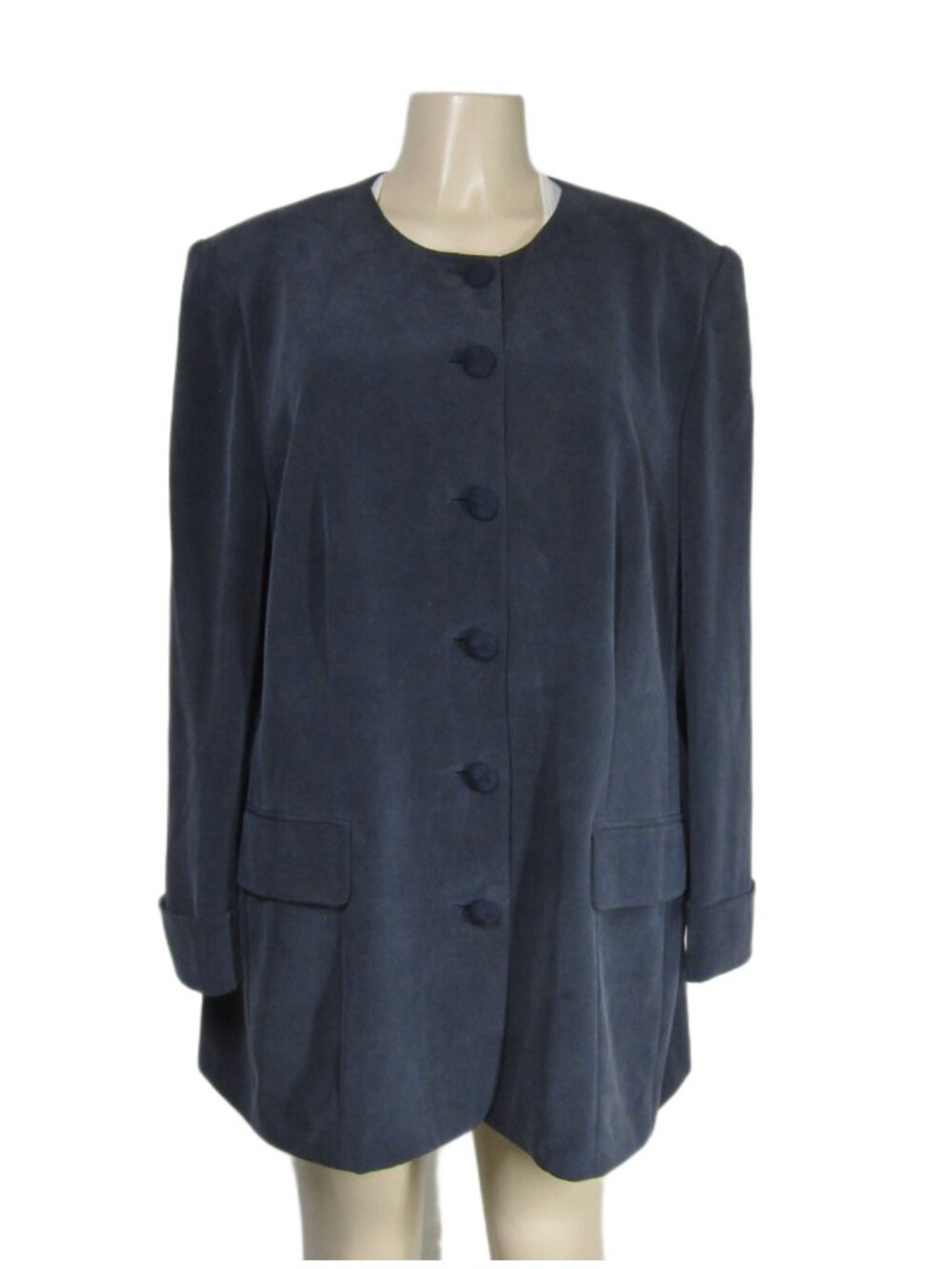 VTG 90s Jones New York 100% SILK Collarless Long Line Jacket Blue Career 18W
